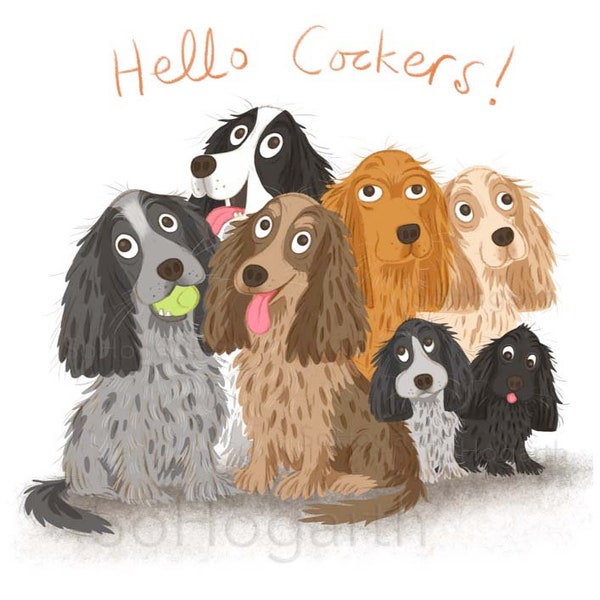 Cluster of Cocker Spaniels. Matte Paper Dog Art Poster Print, signed.
