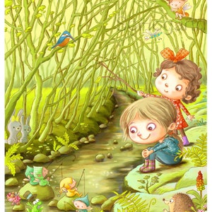 Fairy Elf Folk Fishing Woodland Stream Illustration. Child's Bedroom or Nursery Matte Paper Art Poster Print, signed.