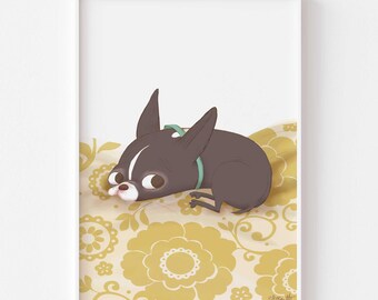 Boston Terrier Bed Bug. Matte Paper Dog Illustration Portrait Art Poster Print, signed. Unframed