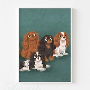Cavalier King Charles Spaniel Quartet. Blenheim, Tri-color, Ruby, Black and Tan. Matte Paper Dog  Art Poster Print, signed.  Unframed