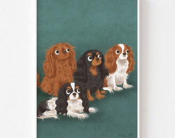 Cavalier King Charles Spaniel Quartet. Blenheim, Tri-color, Ruby, Black and Tan. Matte Paper Dog  Art Poster Print, signed.  Unframed