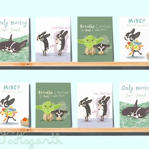 Biglietti d'auguri Boston Terrier, bianchi all'interno. [set da 8] Cartone animato di Yoda di Star Wars. Illustrazione di un cane. Carta da lettere con buste e scatola espositiva.