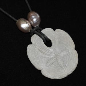 Beautiful Fossilized Sand Dollar Pendant on a Grey Leather Cord with Freshwater Pearl Accent Beads