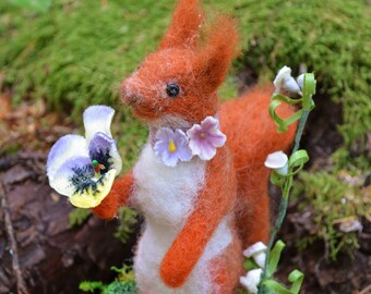 European Red Squirrel with Flower one of a kind needle felted sculpture