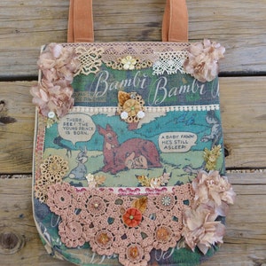 Upcycled Vintage Lace & Flowers Bambi One of a Kind Tote Bag