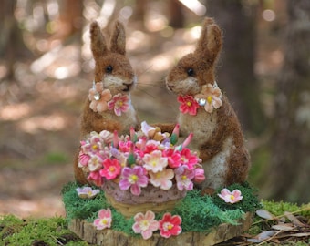 Cottontail Rabbits with Flower Basket one of a kind needle felted sculpture