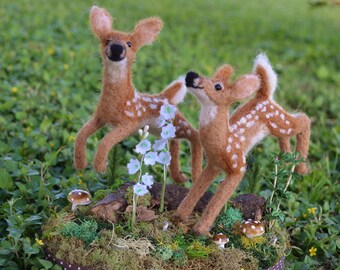 Frolicking Fawns one of a kind needle felted sculpture