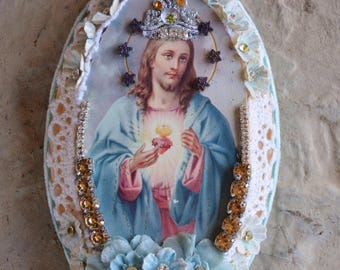 Sacred Heart of Jesus Prayer Card Mixed Media Handmade One of a Kind Devotional