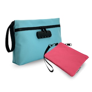 VanJus Smell Proof Bag with Combination Lock and Odor Proof Clutch Bundle, Travel Bag, Money Bag (Blue-Pink)