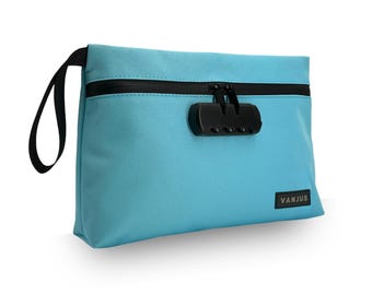 VanJus Large Smell Proof Bag with Combination Lock for Women, Scent Proof Pouch, Waterproof Bag, Money Bag (Blue)