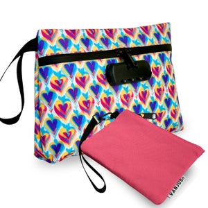 VanJus Smell Proof Bag with Combination Lock and Odor Proof Clutch Bundle, Travel Bag, Money Bag (Hearts-Pink)
