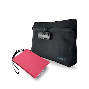 VanJus Smell Proof Bag with Combination Lock and Odor Proof Clutch Bundle, Travel Bag, Money Bag (Black-Pink)