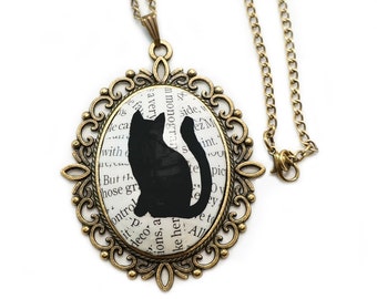 Black Cat Jewelry Black Cat Necklace Newsprint Art Necklace Black Cat Charm Black Cat Cameo Kitty Necklace Black Cat Pendant Art and Fawn