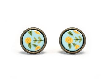 Yellow Rose Earrings Floral Earrings Flower Earrings Surgical Steel Earrings Stud Earrings Sensitive Stud Earrings with Flowers Jewelry