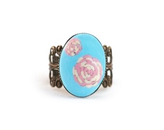 Rose Ring Rose Jewelry Flower Ring Flower Jewelry Floral Ring Floral Jewelry Pink Roses Adjustable Ring Cameo Ring Cameo Jewelry Nickel Free