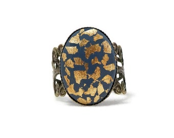 Cobalt Blue Gold Leaf Ring Adjustable Ring Nickel Free