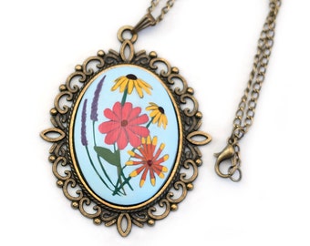 Flowers Hand Painted Large Oval Pendant Necklace Handmade Floral Bouquet Necklace