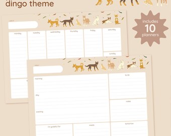 Può includere: Un pacchetto di planner a tema dingo. Il pacchetto include 10 planner con layout settimanali e giornalieri. I planner presentano illustrazioni di dingo in varie pose e sono decorati con una palette di colori neutri.