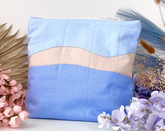 Retro-Curve Quilted Zipper Stand-up Pouch: Blues and Cream | Made by Ponderosa Creative