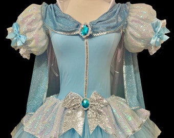 May include: A light blue tulle dress with a silver and iridescent sequin bodice and a matching cape. The dress has a white lace trim and a large silver bow with a blue gem in the center.
