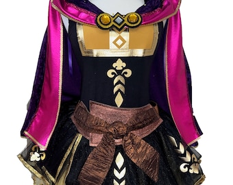 May include: A black and gold tutu with a purple and pink cape. The tutu has a brown belt with a bow and gold accents. The cape has a gold trim and a gold crown on the front.