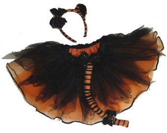 Tiger Costume .  Up to Adult Plus Size . Orange Tutu . Ears and Tail . 6 Layers . Length 11in by The Tutu Factory USA ™
