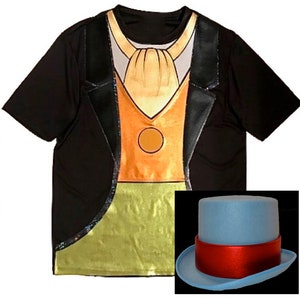 May include: A black t-shirt with a printed image of a tuxedo, bow tie, and vest. A blue top hat with a red band is included.