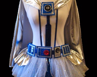 Blue white Robot Running Costume . Up to Adult Plus Size . White Silver . Short 11in Length . Tutu . Belt . Cape by The Tutu Factory™