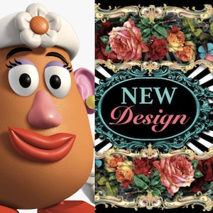 May include: A close-up of a Mr. Potato Head toy with a white hat and flower detail. Next to it is a floral design with roses and the words "NEW Design" in a decorative frame.