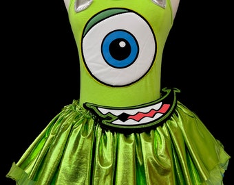 Green One Eye Monster Costume . Up to Adult Plus Size . Running Skirt  .  Belt . SHORT Length 11in . by The Tutu Factory