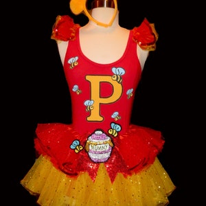 Honey Bear Running Costume .  Up to Adult Plus Sizes . 9 layers . Running Tutu . Hunny Bow . Length 11in . Tutu Factory