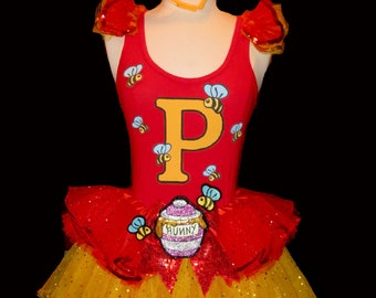 Honey Bear Running Costume .  Up to Adult Plus Sizes . 9 layers . Running Tutu . Hunny Bow . Length 11in . Tutu Factory