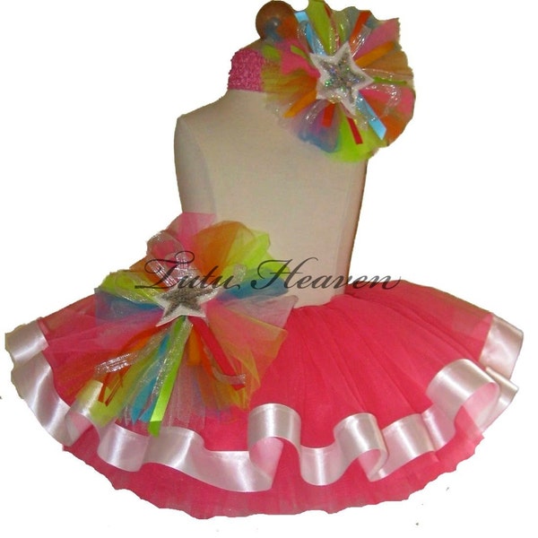 RAINBOW Tutu .  Up to Adult Plus Size . Neon Pink Tutu . Rainbow Running Tutu . Short Length 11in by The Tutu Factory USA ™