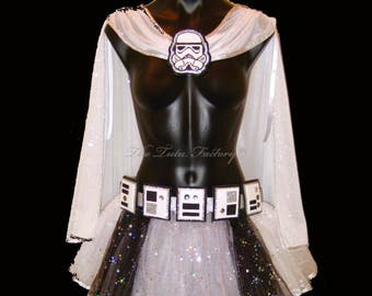 Space Trooper Cape . Up to Adult Plus Size . White Grey Space Trooper .Running Tutu . Belt SHORT Length 11in by Tutu Factory ™