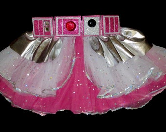 Pink  Robot Running Costume . Up to Adult Plus Size . White Silver . Short 11in Length . Tutu . Belt . Cape by The Tutu Factory™