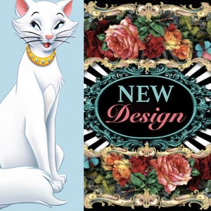 May include: A white cartoon cat with a gold collar sits next to a floral design. The floral design features red and yellow roses, butterflies, and the words "NEW Design" in a decorative frame.
