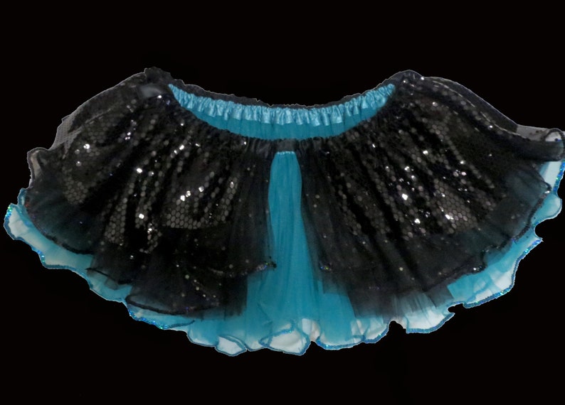 May include: A black and turquoise tulle skirt with sequins. The skirt has a ruffled hem and a satin waistband.