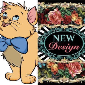 May include: An illustration of a light orange cat with a blue bow tie. Next to the cat is a floral design with roses and the words "NEW Design" in a decorative frame.