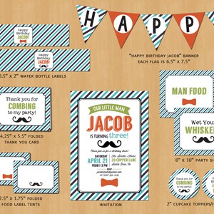Pacote de festa de aniversário do homenzinho bigode - inclui cartões de agradecimento, convite, banner, etiquetas para garrafas de água, etiquetas e cartazes para lembrancinhas/cupcakes