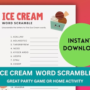 Ice Cream Word Scramble - Instant Download Activity Homeschool Party Family Kids Printable Game