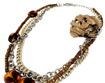 Gold und Silber Kette und Glas und Holz Perlen, dreifache Strang Halskette, mit Holzstück