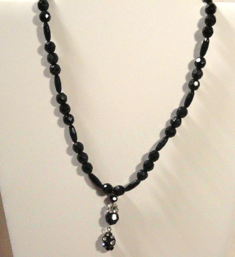Black Jet Necklace With Rhinestone and Jet Dangling Etsy