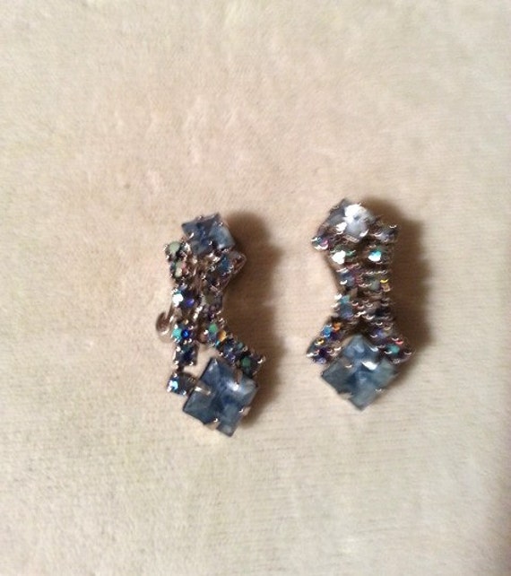 Vintage Blue Rhinestone Clip Earrings