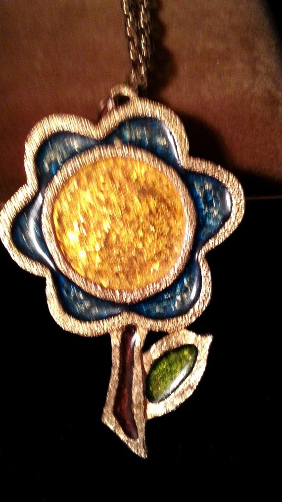 Vintage Blue and Yellow Enamel Flower Necklace