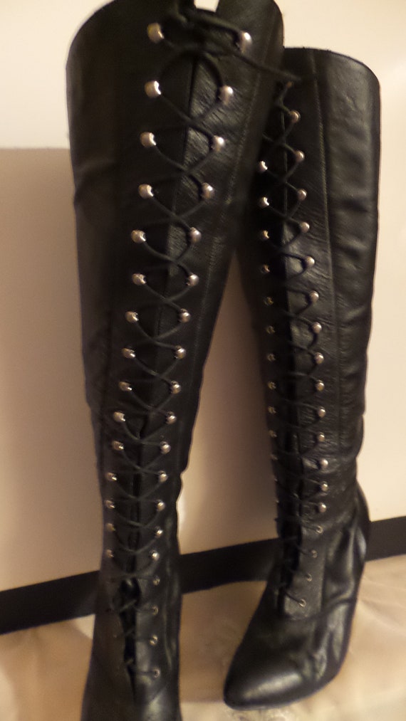 Knee High Black Leather Lace up Heel 