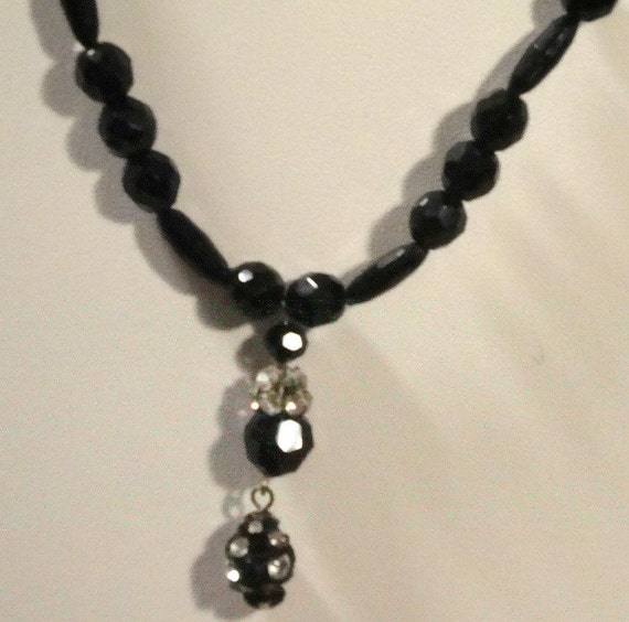 Black Jet Necklace with rhinestone and jet dangli… - image 3