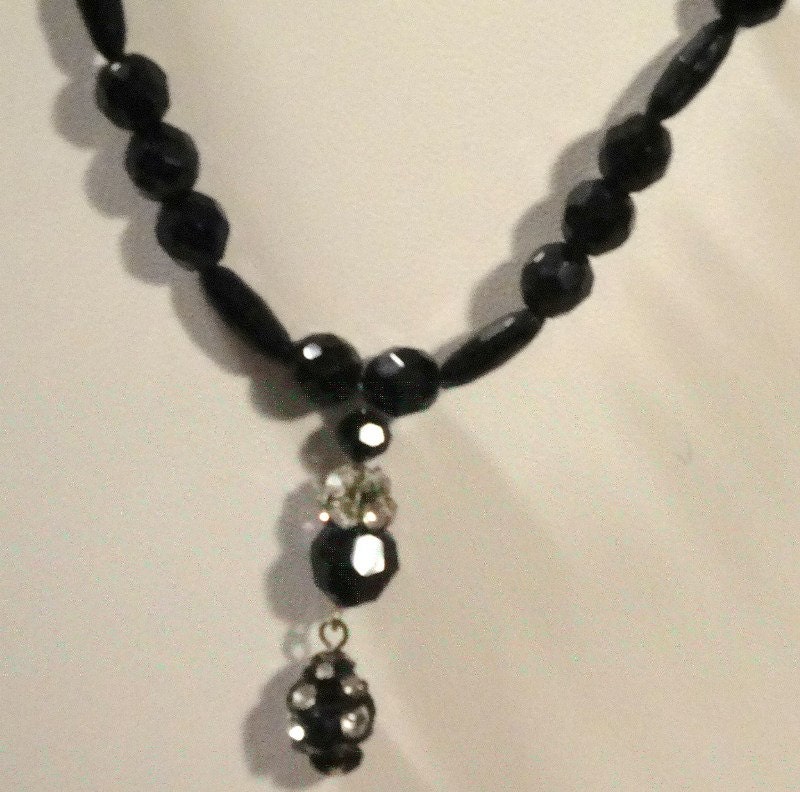Black Jet Necklace With Rhinestone and Jet Dangling - Etsy