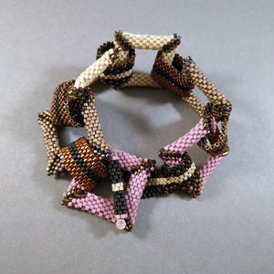 Brown, Pink, Cream, and Black Linked Squares Peyote Bracelet