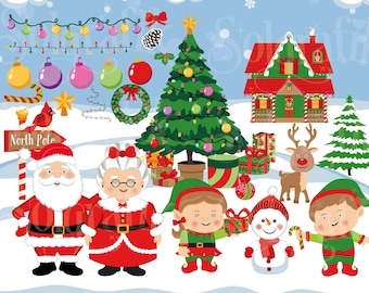 Christmas Time, Santa and Friends, Christmas Elf Clipart, Christmas Santa Claus, Santa and Mrs. Claus, Christmas Background, Sublimation