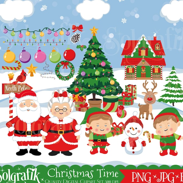 Tiempo de Navidad, Papá Noel y amigos, elfo de Navidad, Papá Noel, Papá Noel y Sra. Claus, Casa Navideña, Fondo Navideño